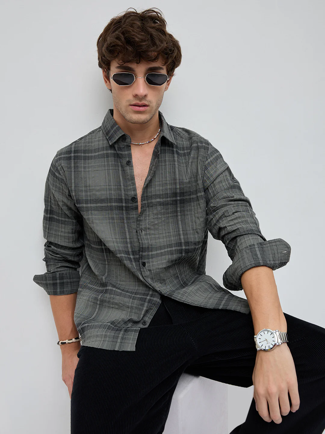 Olive & Black Plaid Checks Textured Shirt