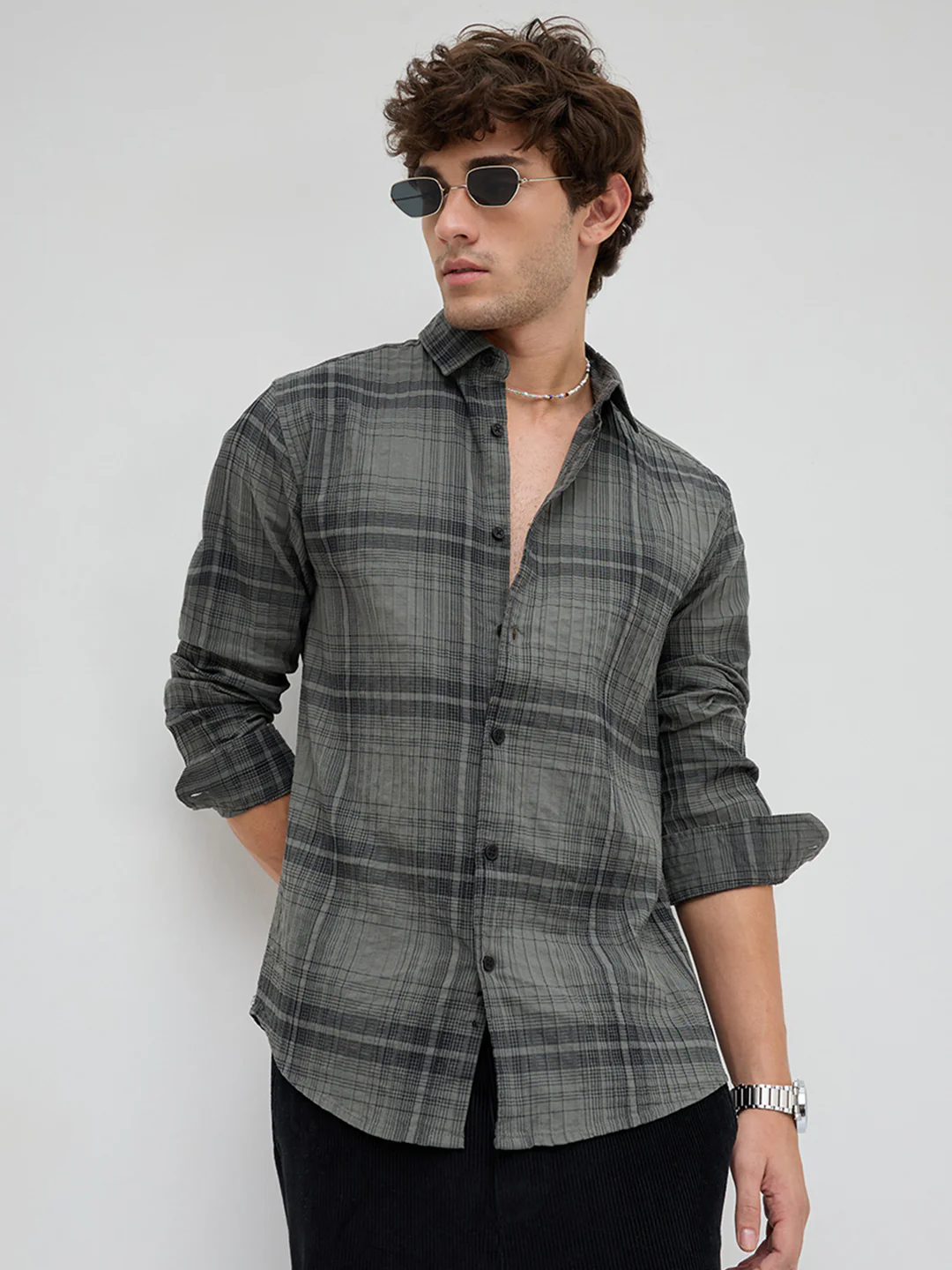 Olive & Black Plaid Checks Textured Shirt - Image 2