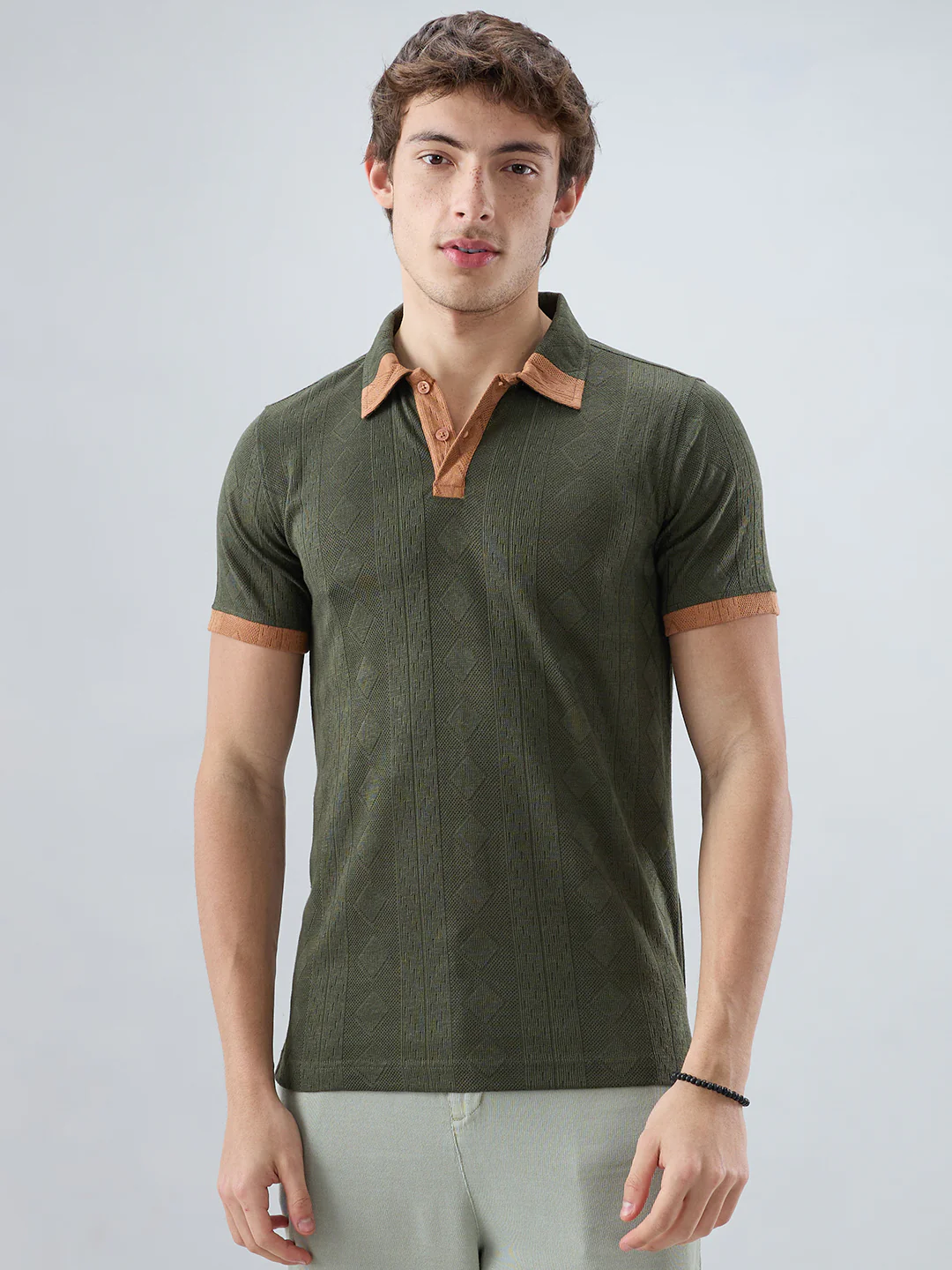 Olive Contrast Polo Neck Knit T-shirt - Image 5