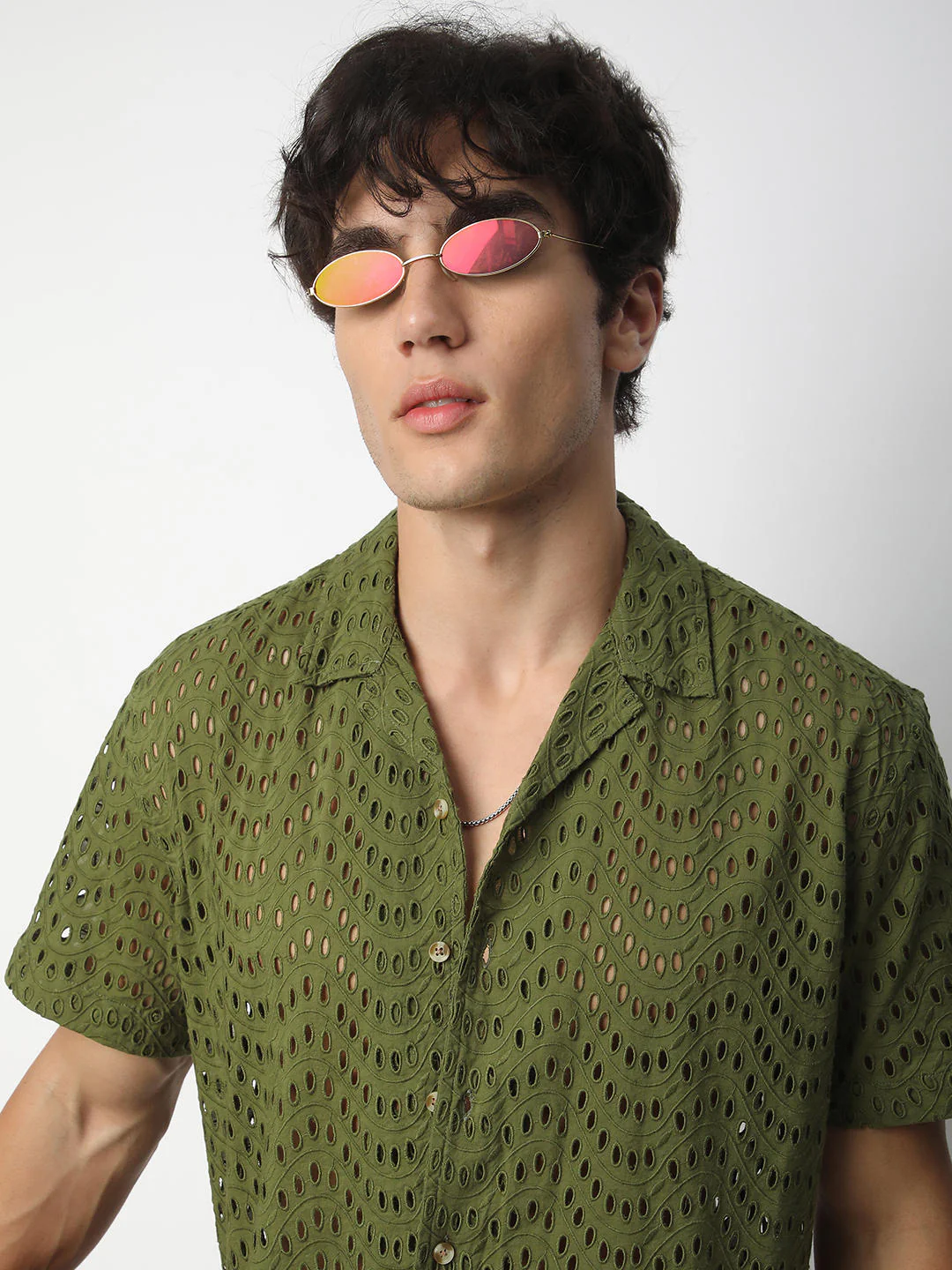 Olive Curved Schiffli Oversized Shirt