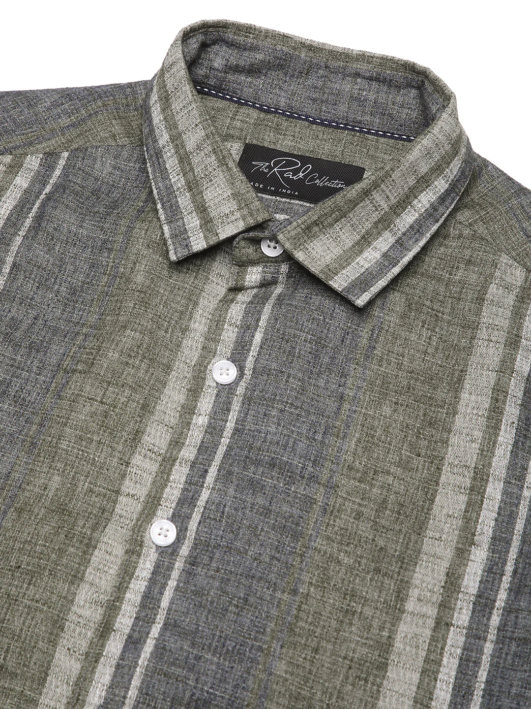 Olive Green & Grey Slub Striped Shirt - Image 3