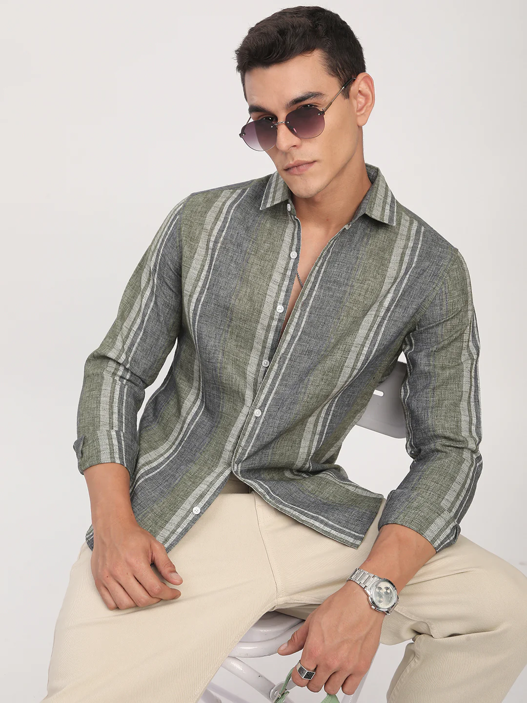 Olive Green & Grey Slub Striped Shirt - Image 4