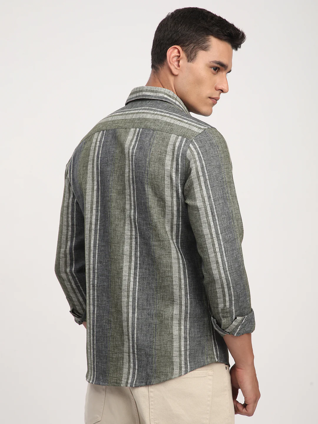 Olive Green & Grey Slub Striped Shirt - Image 7
