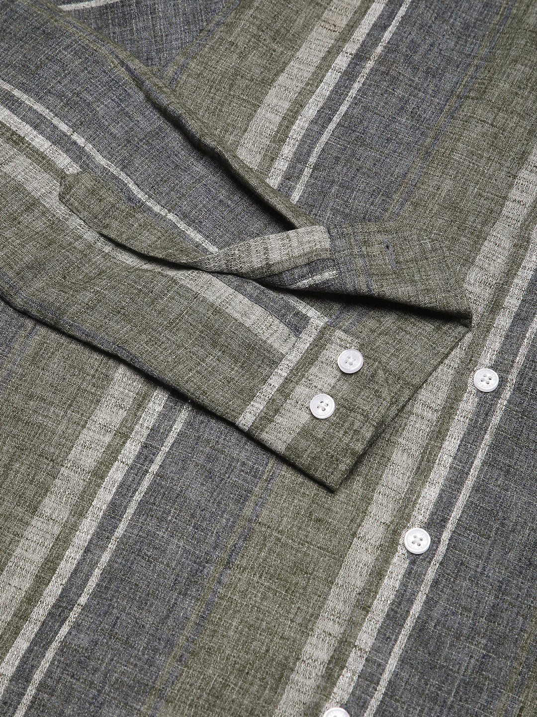 Olive Green & Grey Slub Striped Shirt - Image 9