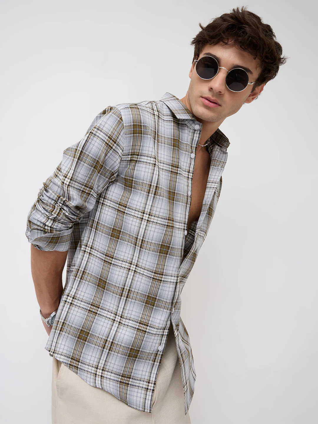 Olive & Grey Fine Plaid Checks Shirt - Image 2