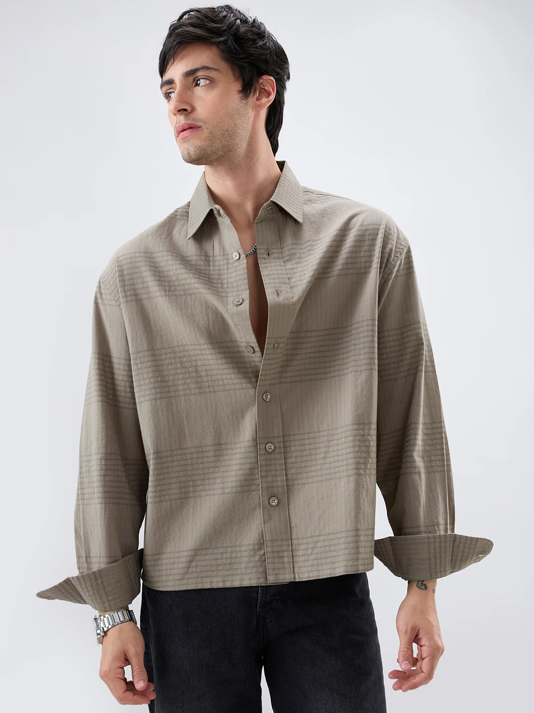 Olive Horizontal Striped Boxy Fit Crop Shirt - Image 5