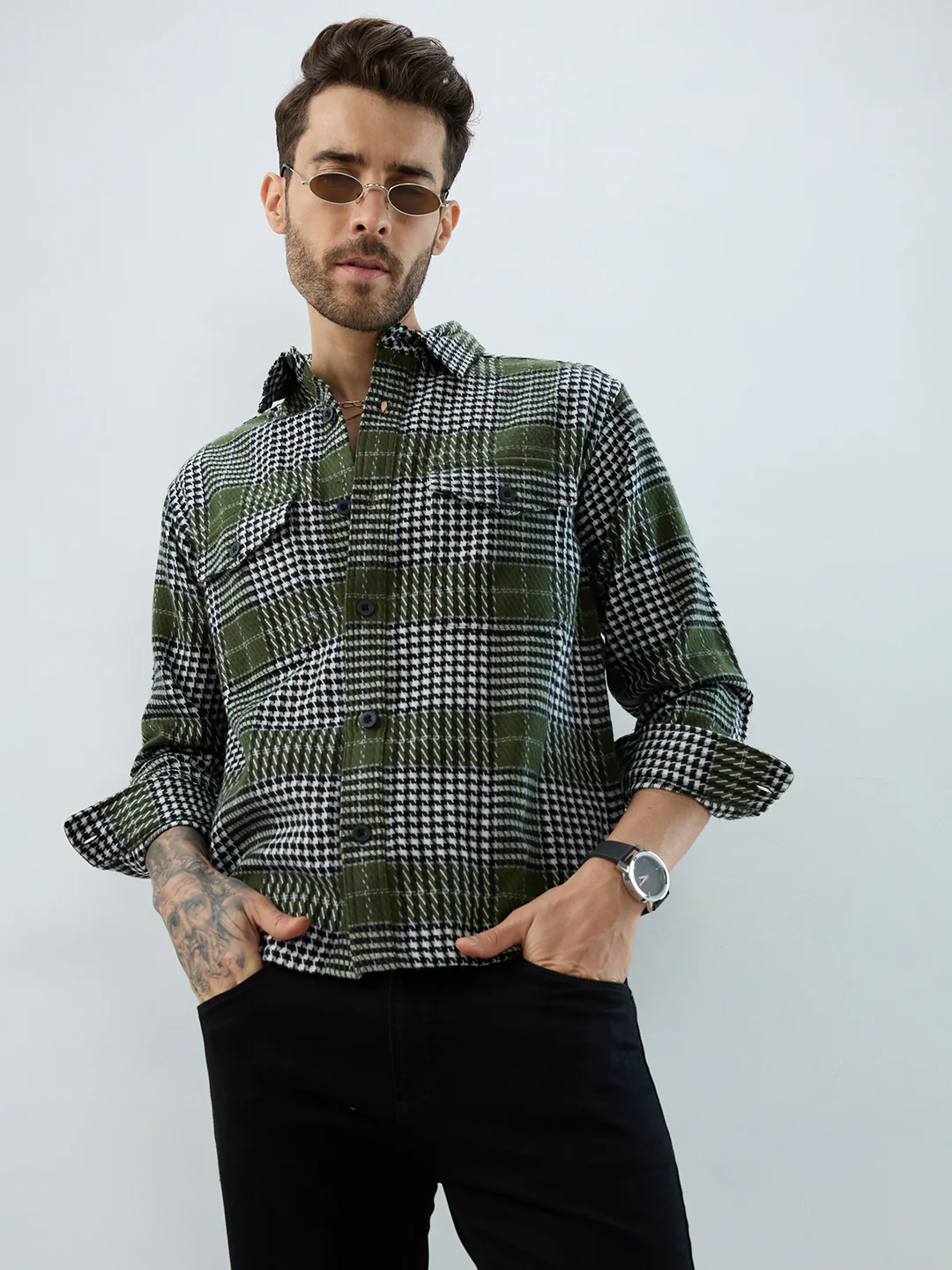 Olive Houndstooth Checkmate Twin Pocket Flannel Shirt - Image 2