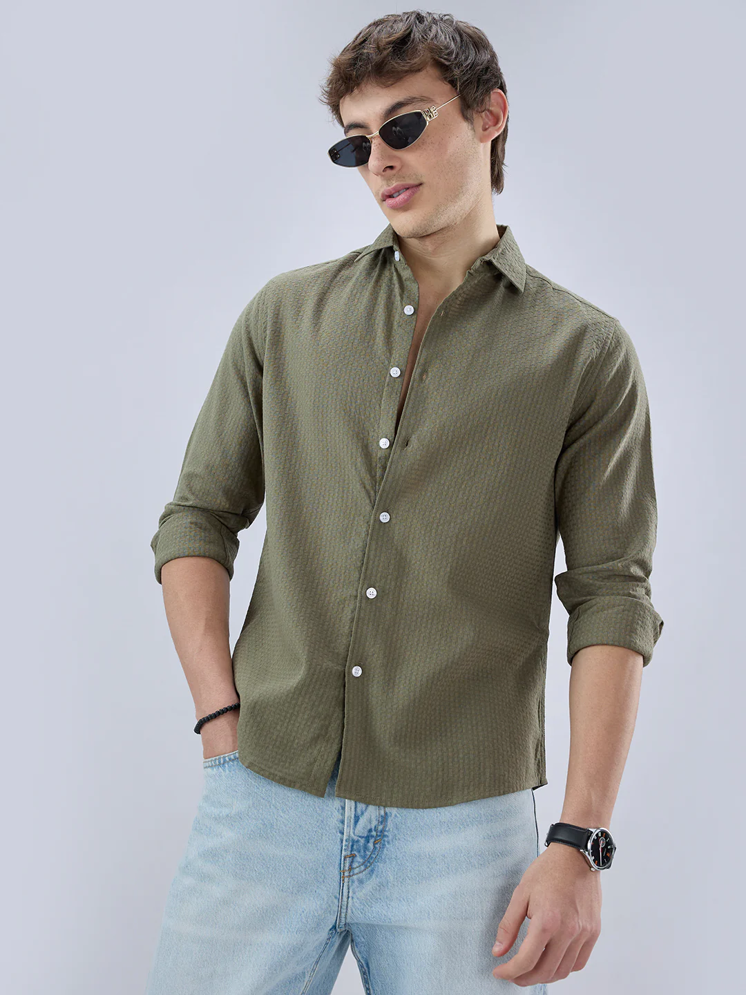 Olive Open Weave Refined Textured Checks Shirt - Image 4