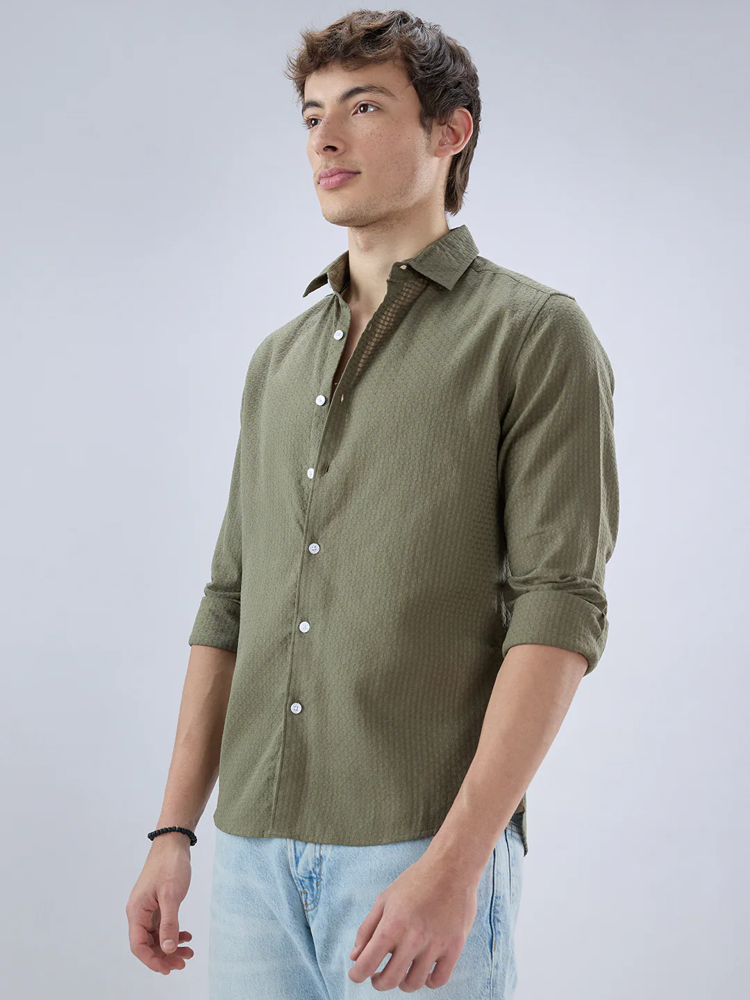 Olive Open Weave Refined Textured Checks Shirt - Image 6
