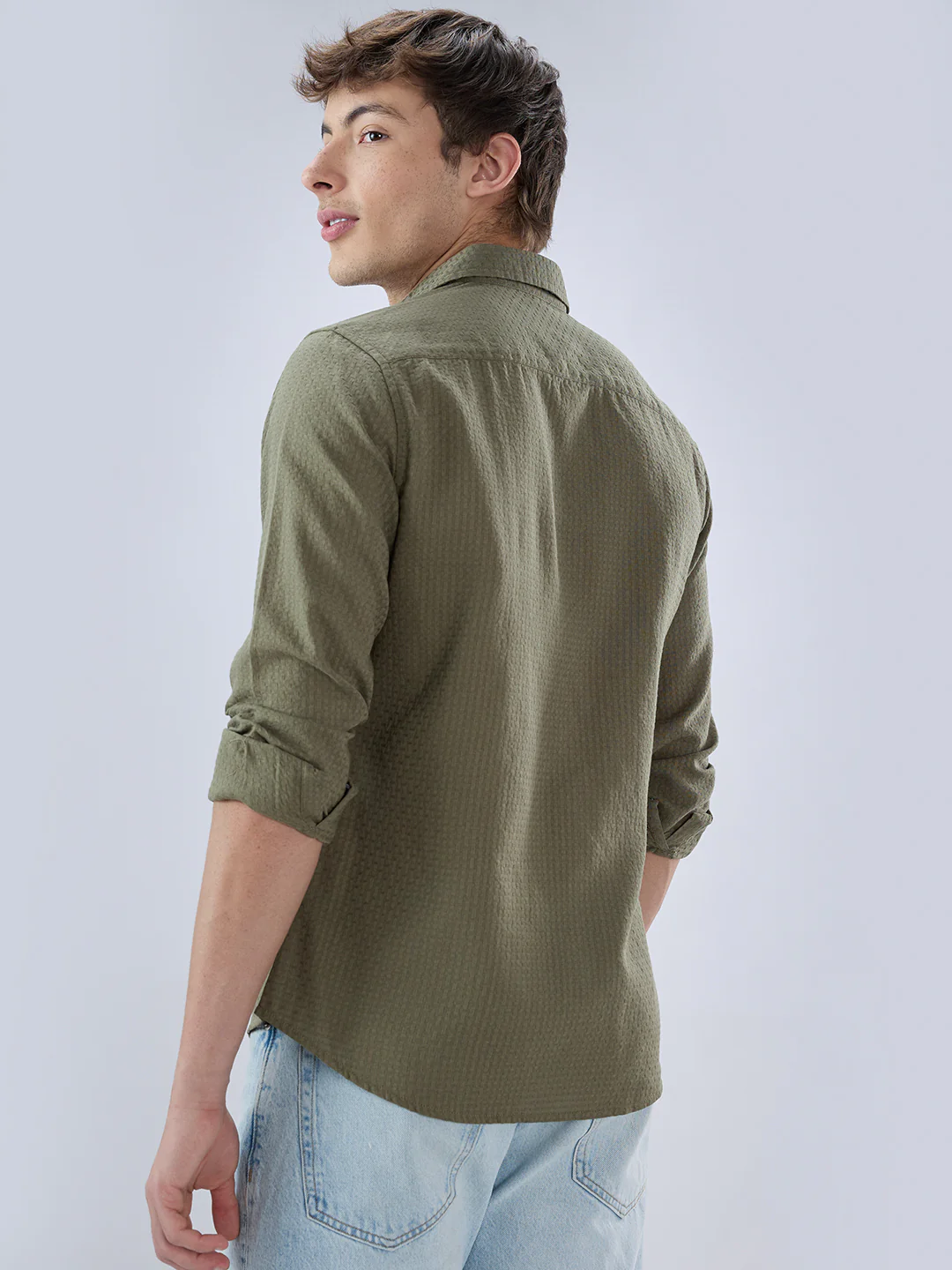 Olive Open Weave Refined Textured Checks Shirt - Image 7
