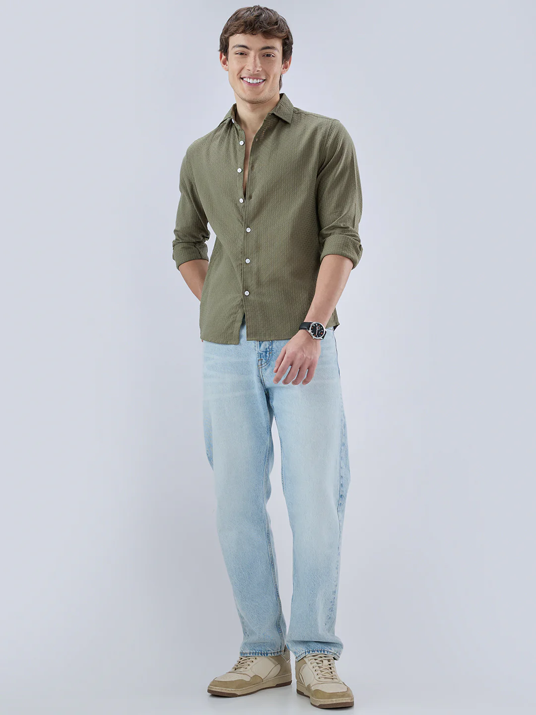 Olive Open Weave Refined Textured Checks Shirt - Image 8