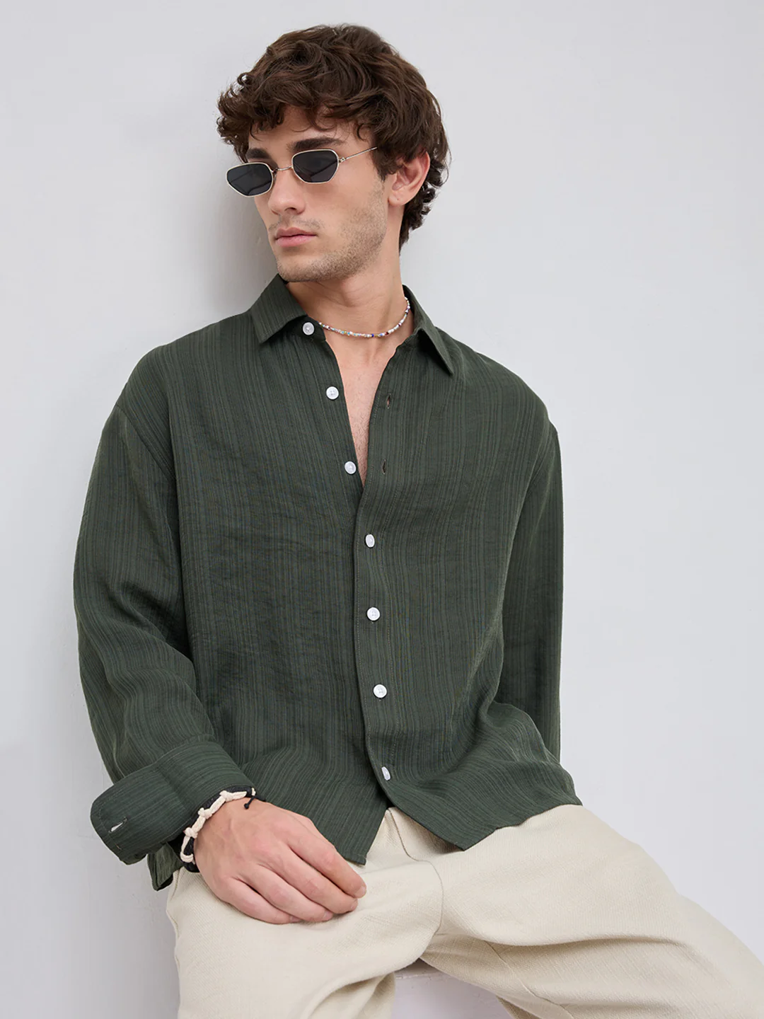 Olive Pin Striped Crinkled Boxy Fit Crop Shirt