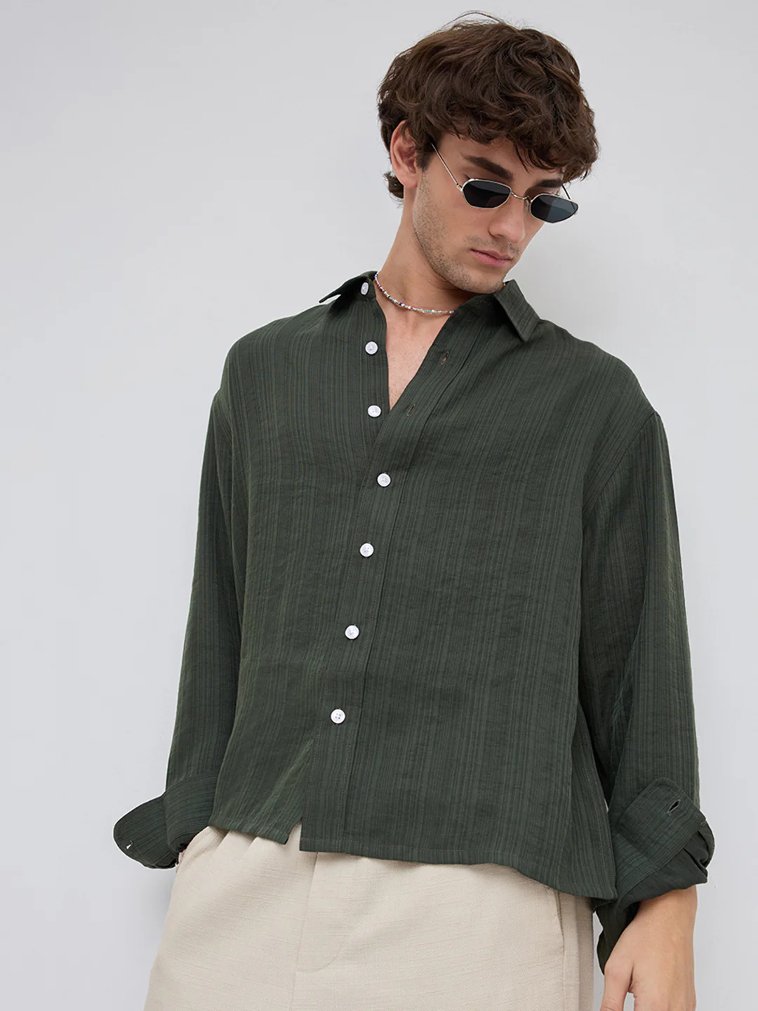 Olive Pin Striped Crinkled Boxy Fit Crop Shirt - Image 4