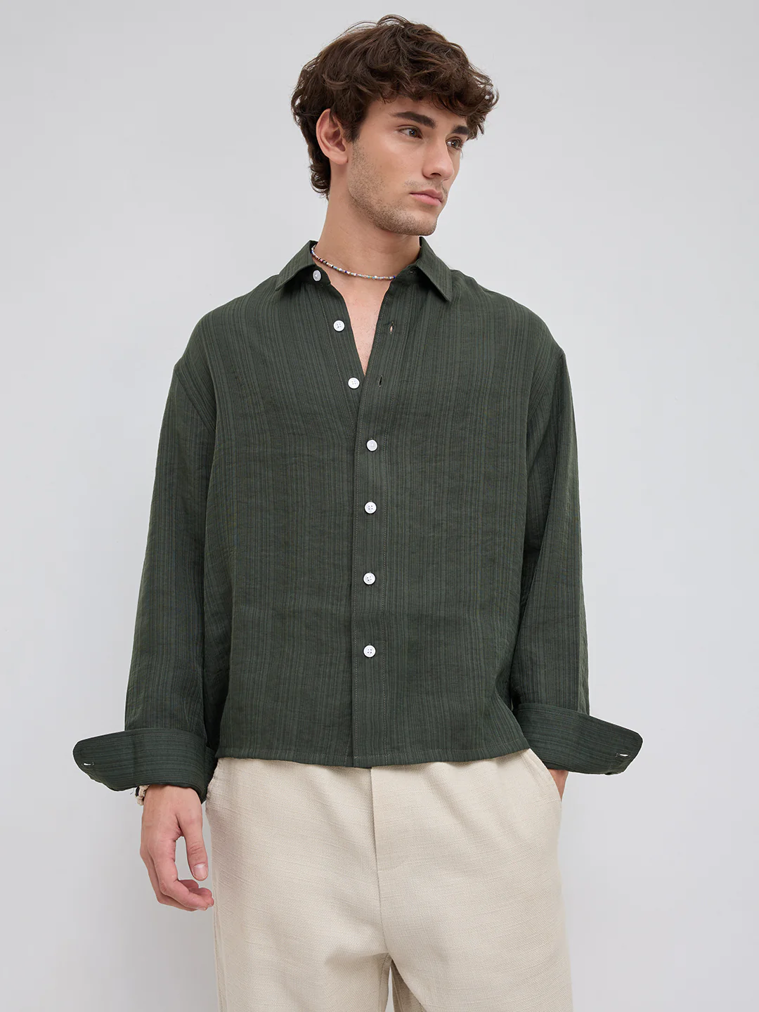 Olive Pin Striped Crinkled Boxy Fit Crop Shirt - Image 5