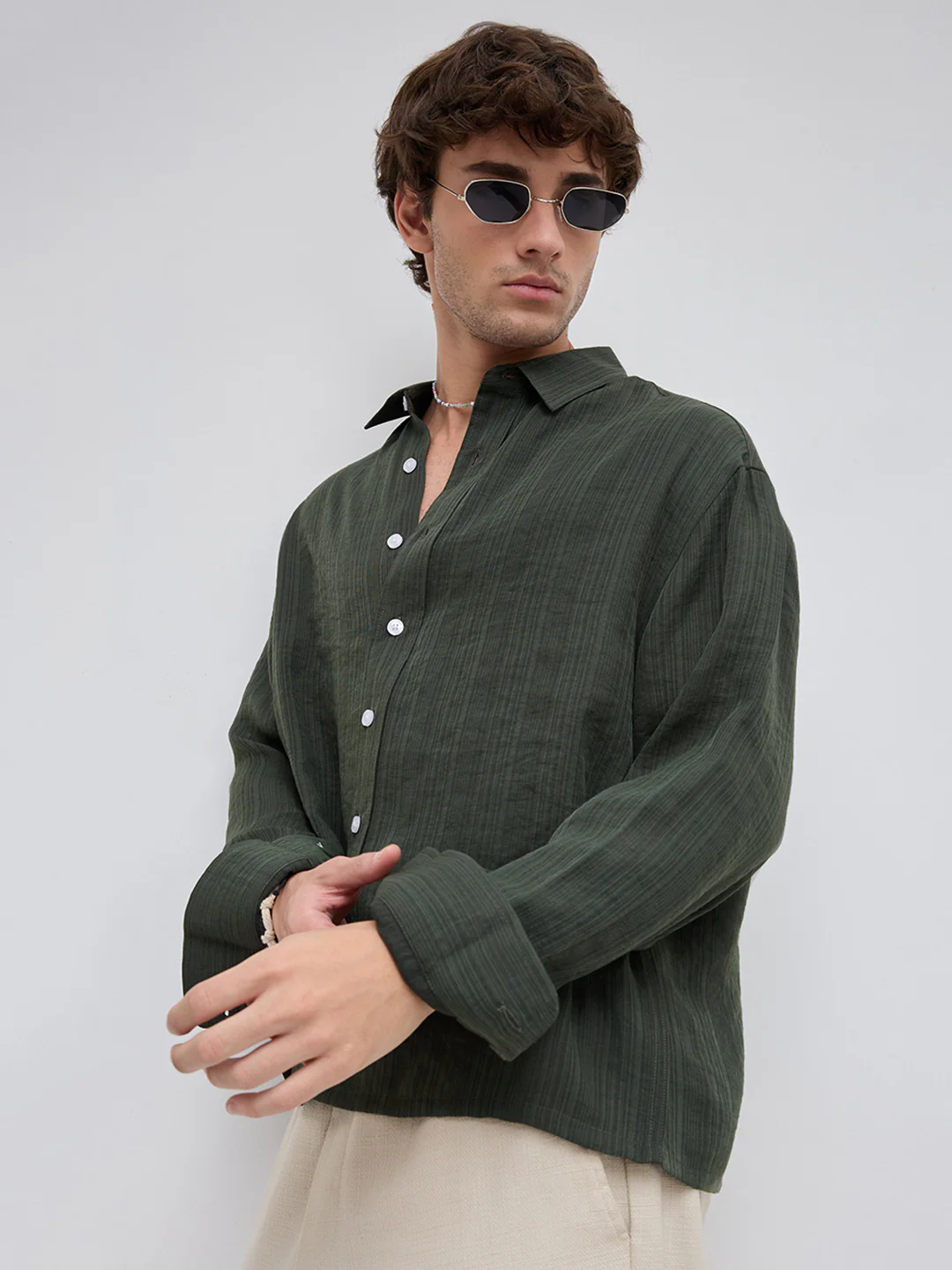 Olive Pin Striped Crinkled Boxy Fit Crop Shirt - Image 6
