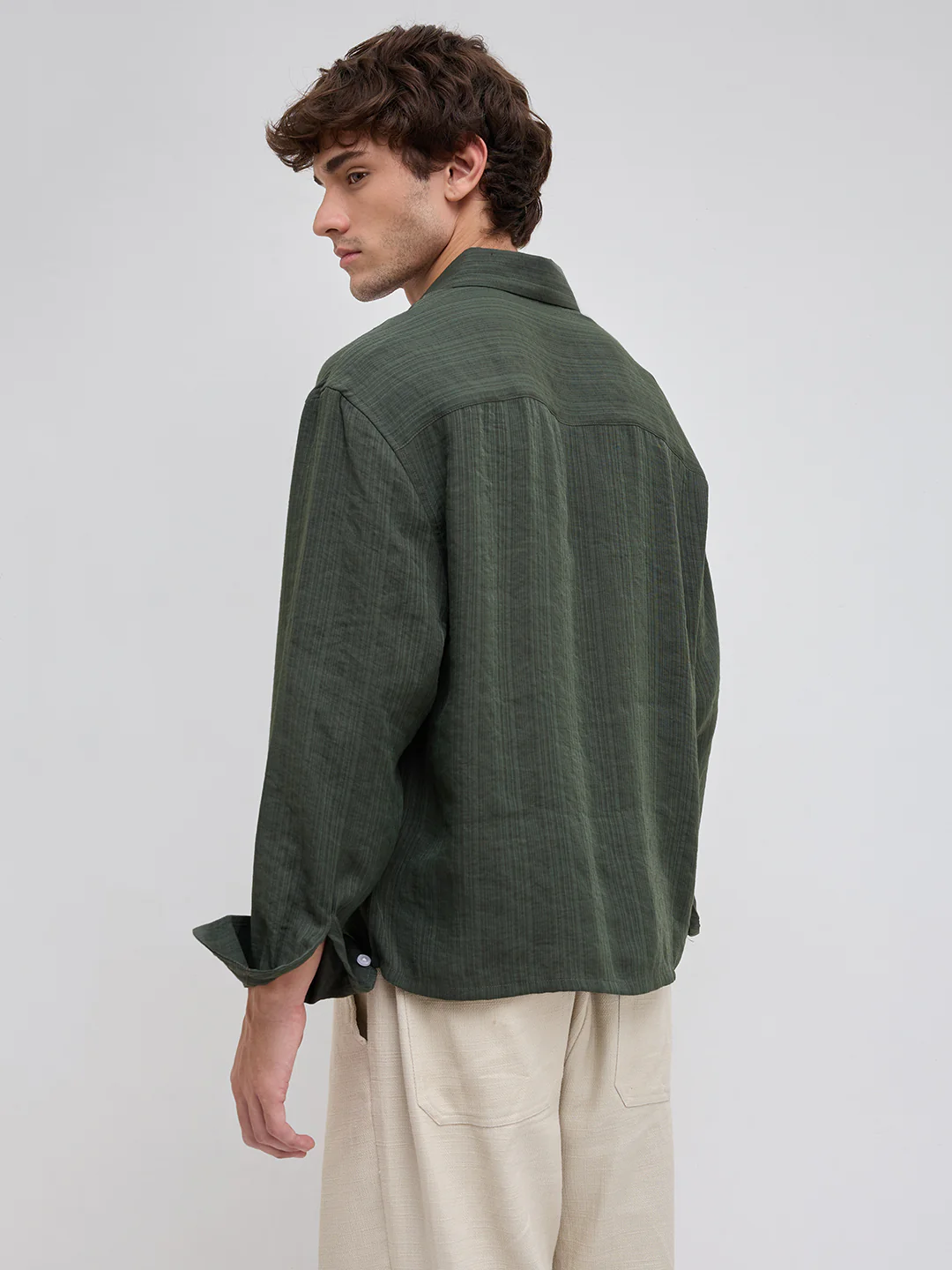 Olive Pin Striped Crinkled Boxy Fit Crop Shirt - Image 7