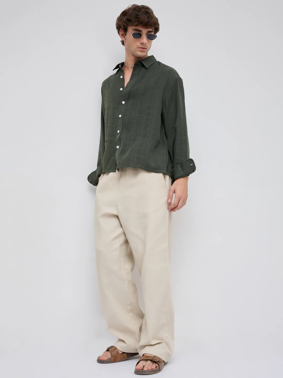 Olive Pin Striped Crinkled Boxy Fit Crop Shirt - Image 8