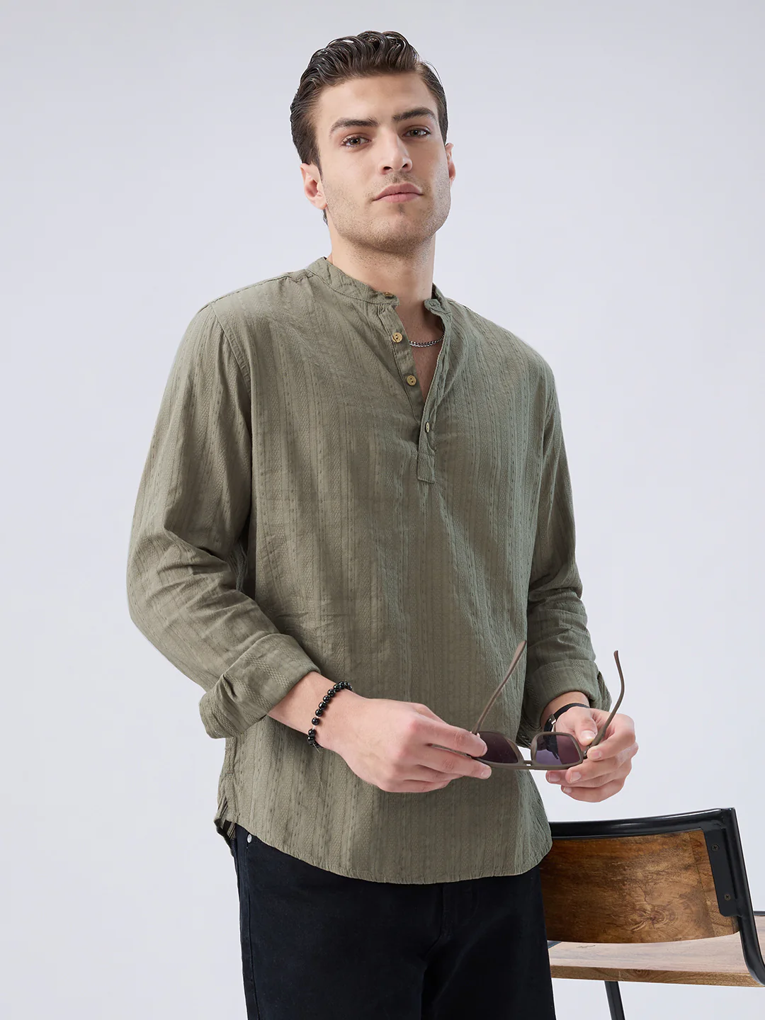 Olive Weave Detail Striped Kurta - Image 2