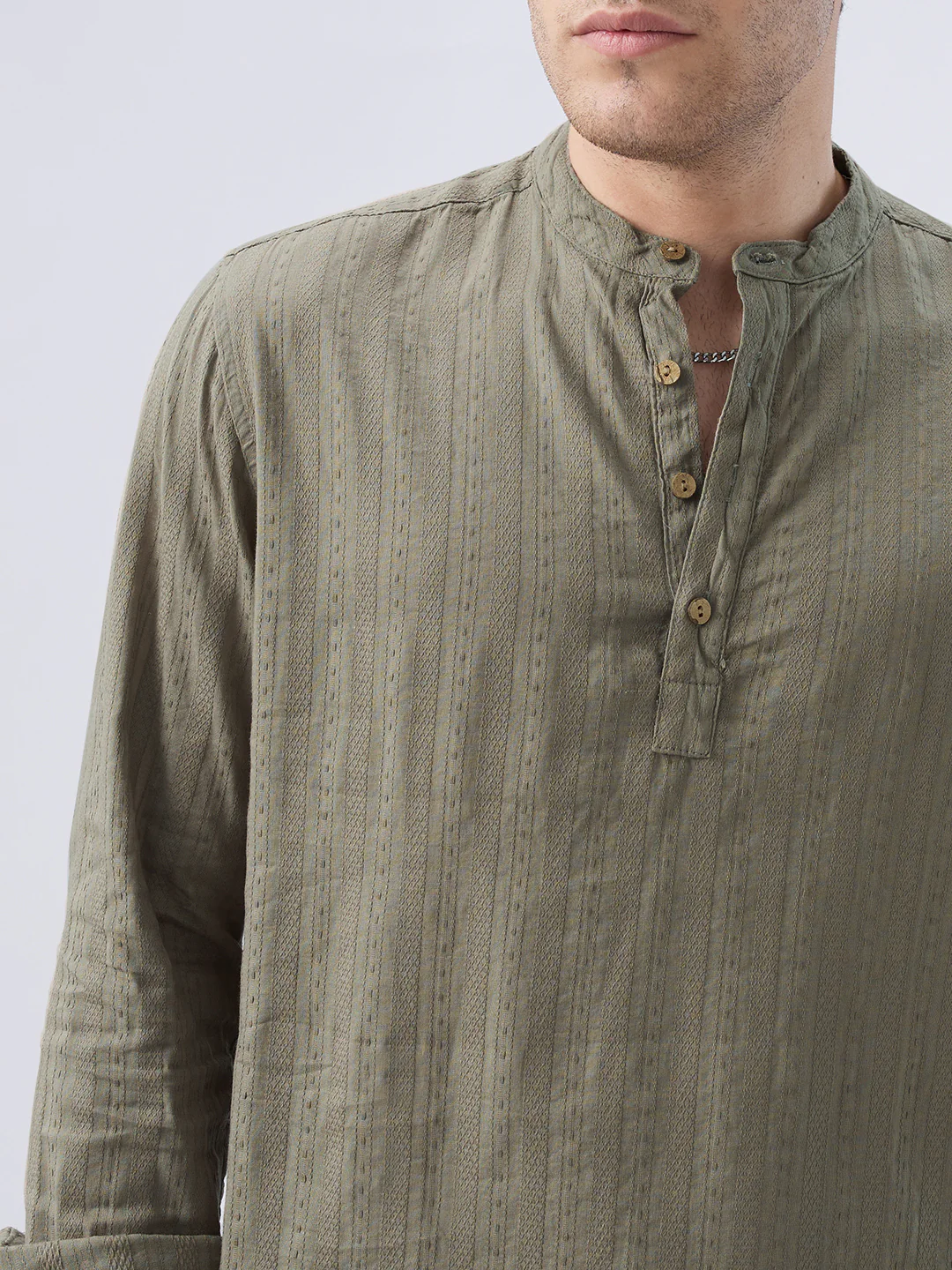 Olive Weave Detail Striped Kurta - Image 3