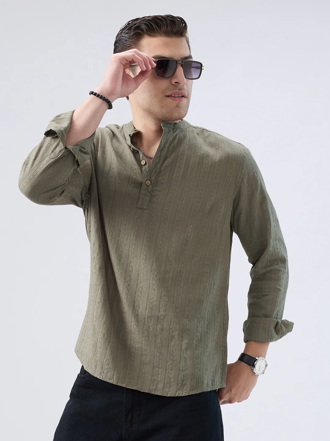 Olive Weave Detail Striped Kurta - Image 4