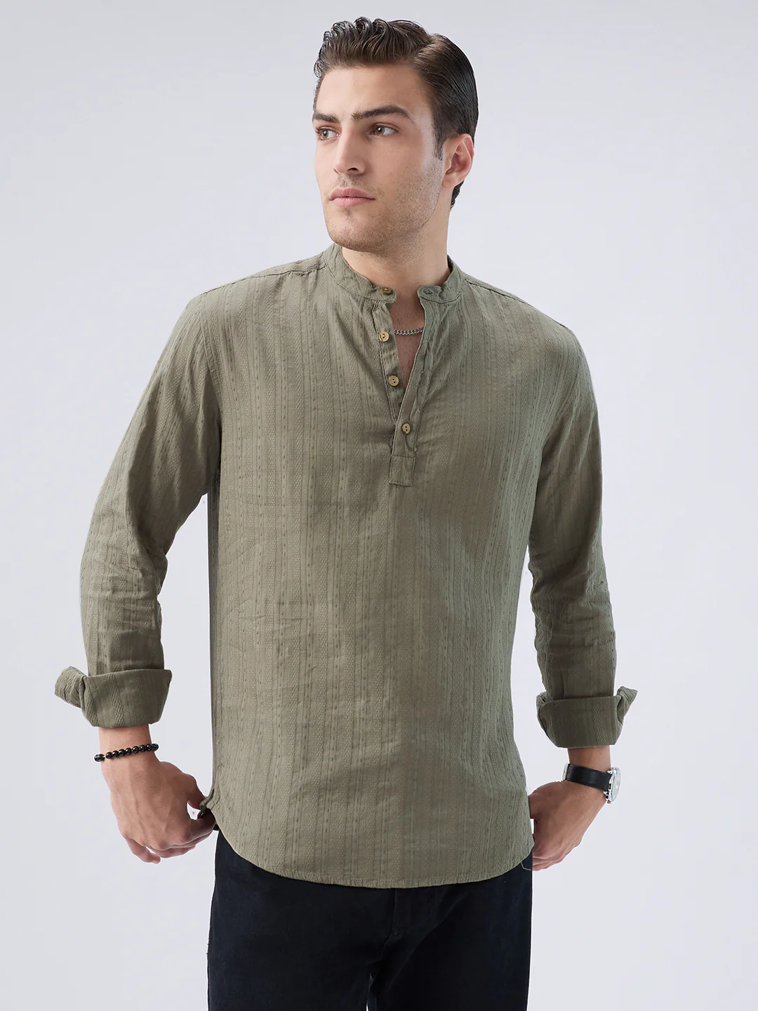 Olive Weave Detail Striped Kurta - Image 5