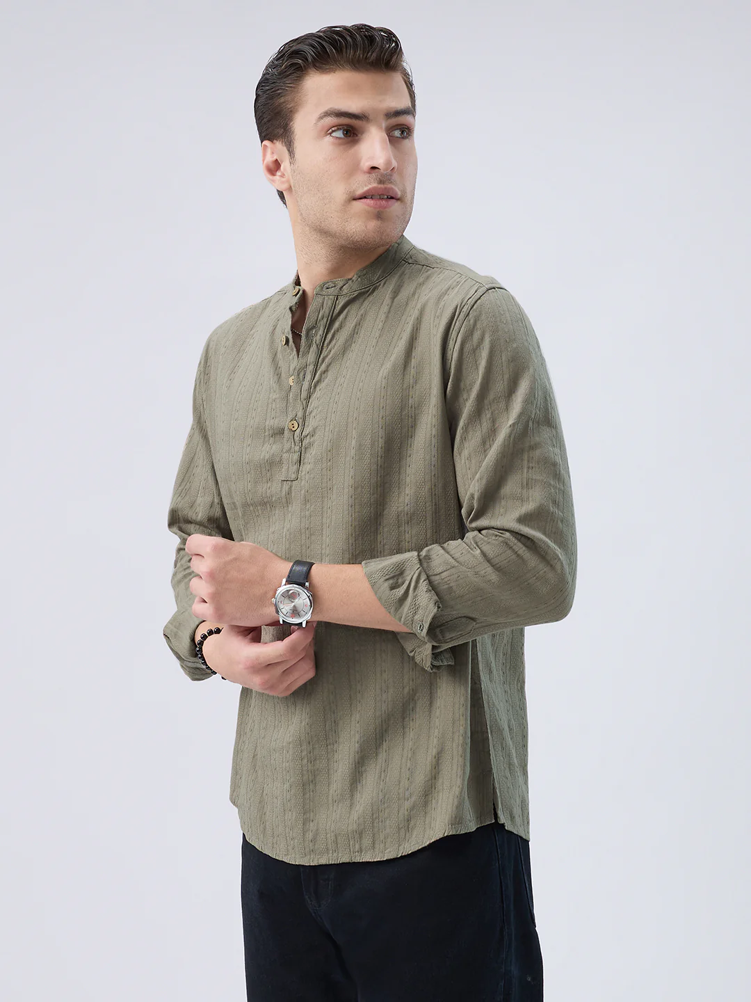 Olive Weave Detail Striped Kurta - Image 6