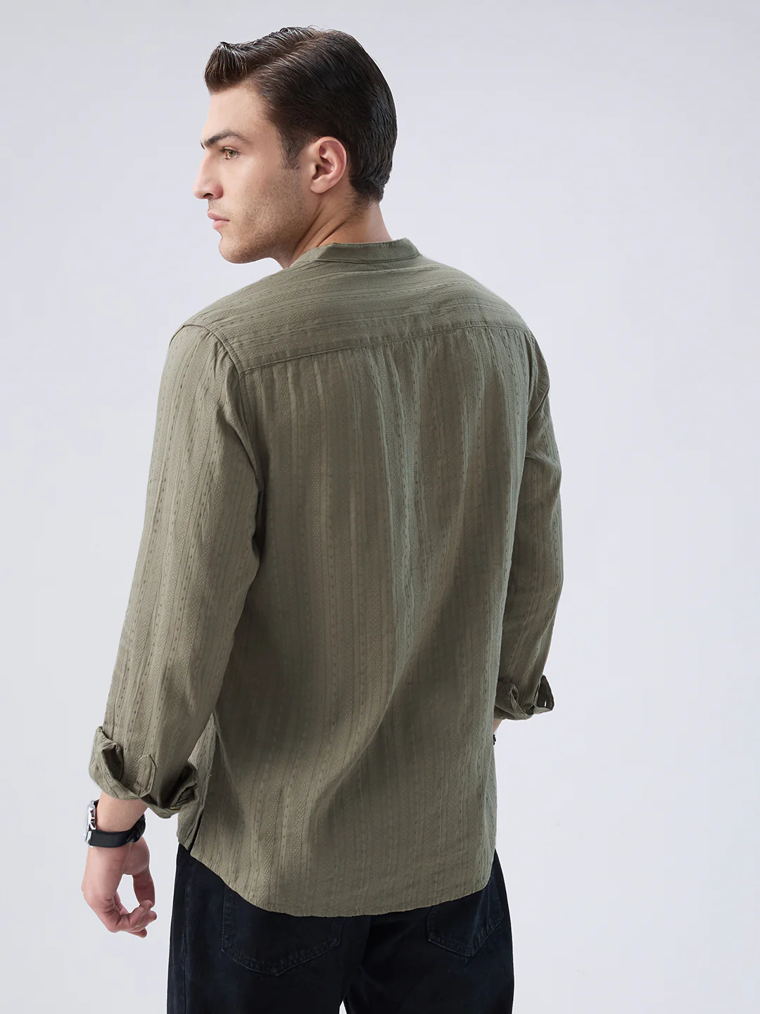 Olive Weave Detail Striped Kurta - Image 7