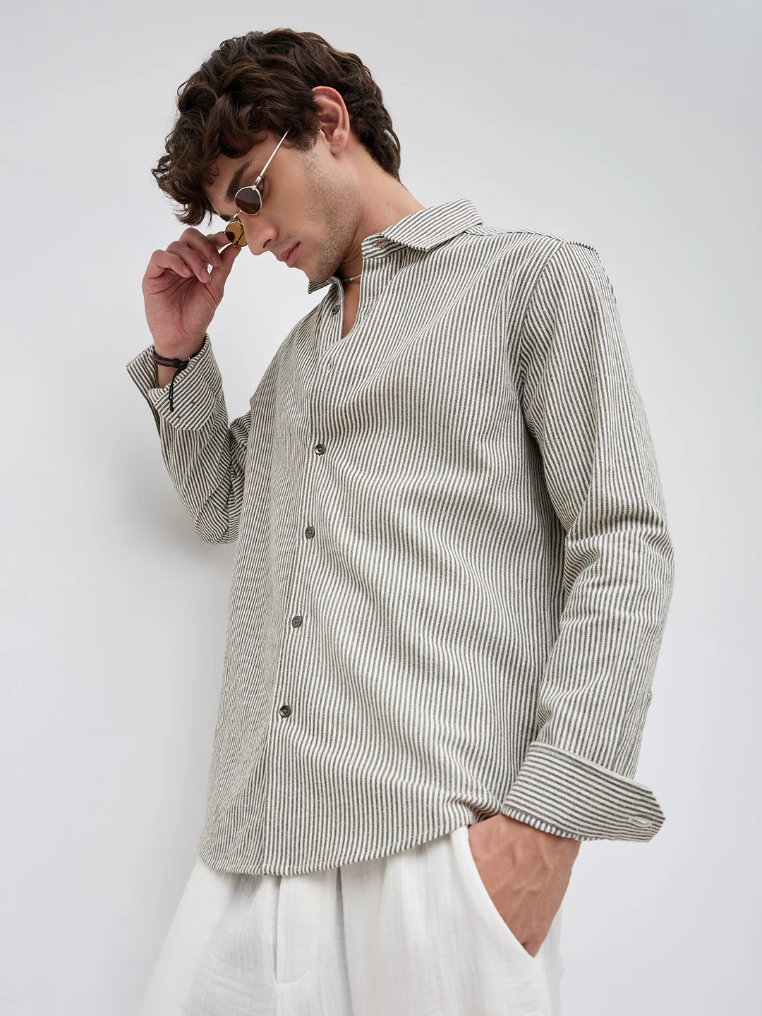 Olive & White Vertical Striped Relaxed Shirt - Image 2