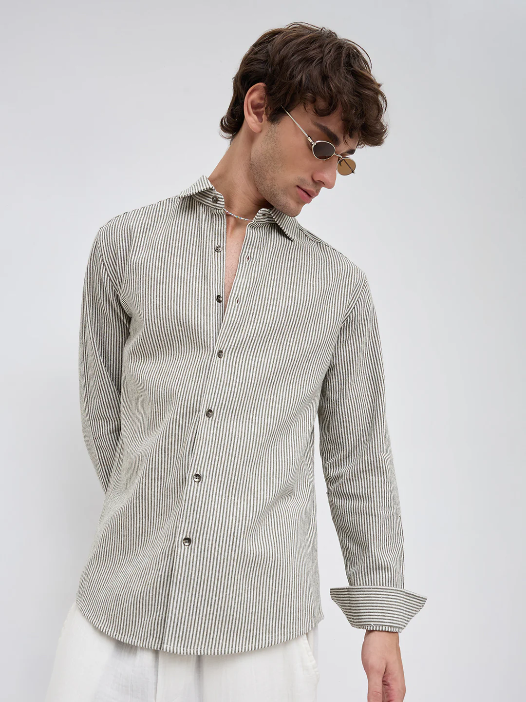 Olive & White Vertical Striped Relaxed Shirt - Image 4