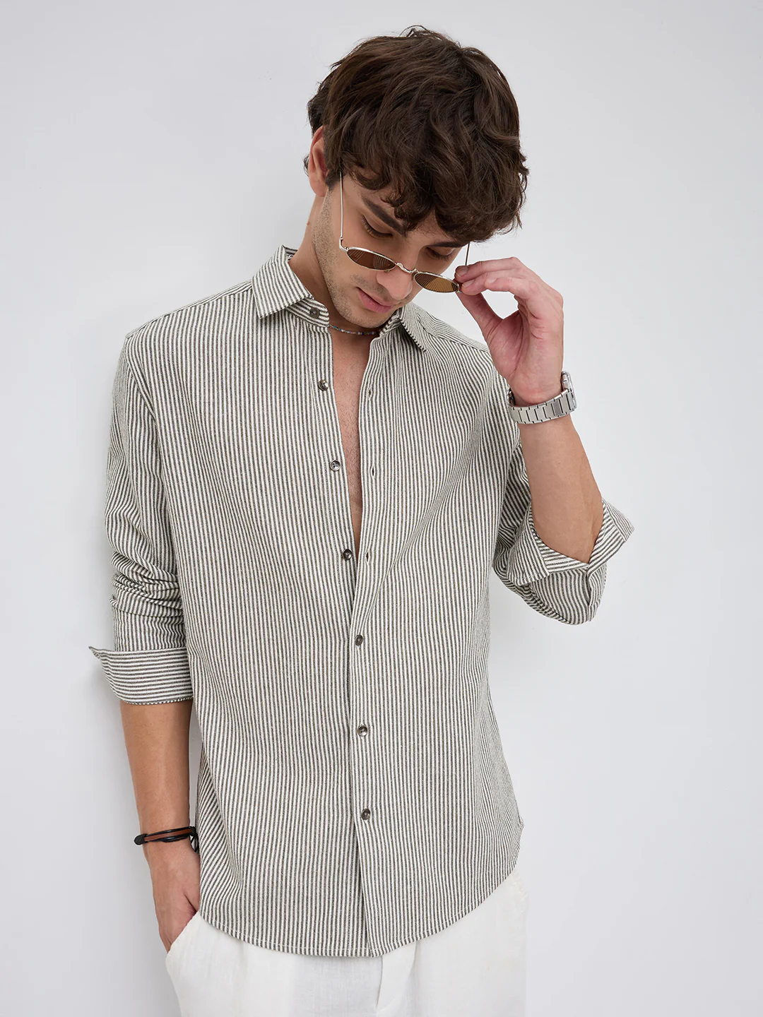 Olive & White Vertical Striped Relaxed Shirt - Image 5