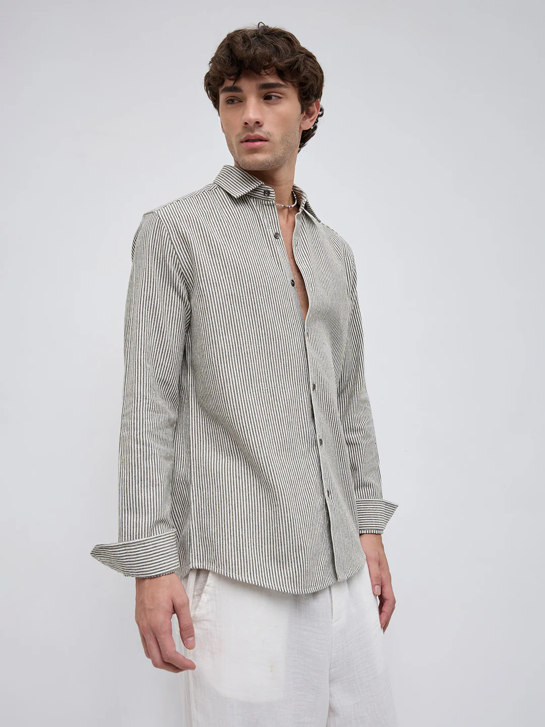 Olive & White Vertical Striped Relaxed Shirt - Image 6