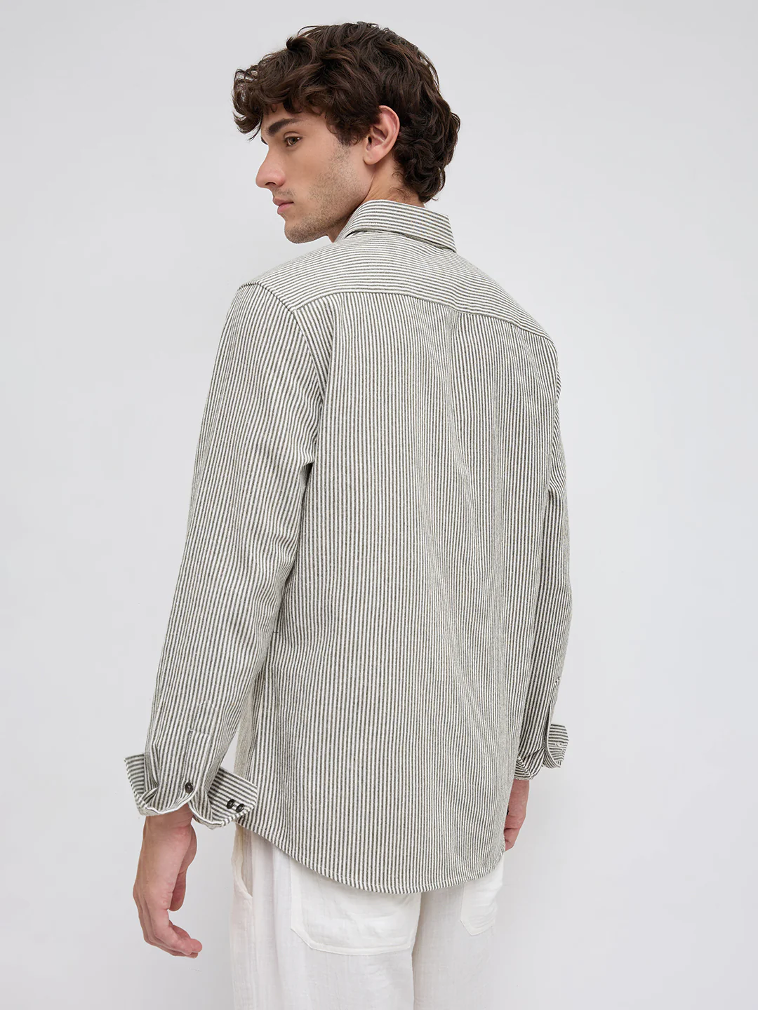 Olive & White Vertical Striped Relaxed Shirt - Image 7