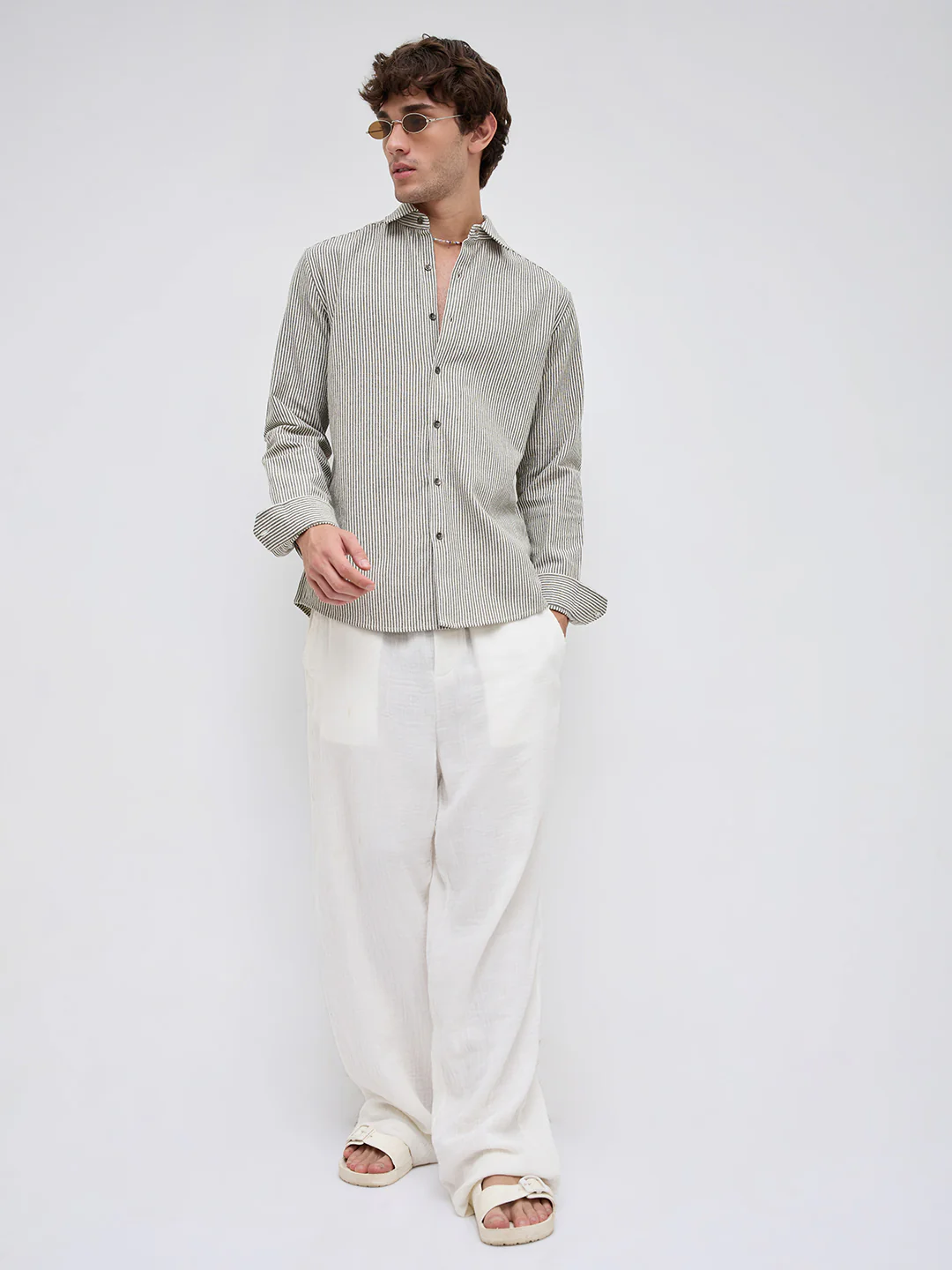 Olive & White Vertical Striped Relaxed Shirt - Image 8
