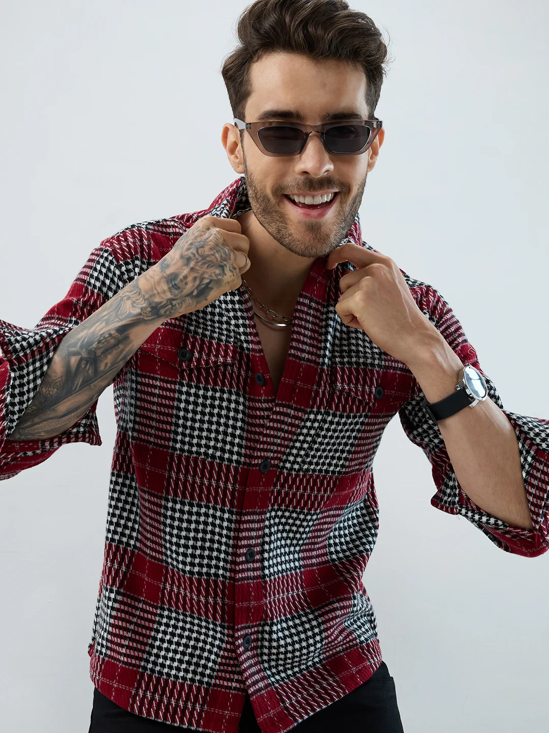 Opulent Red Houndstooth Checkmate Twin Pocket Flannel Shirt - Image 4