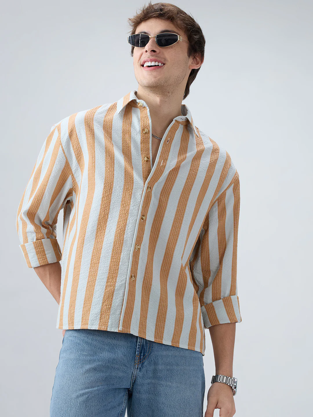 Orange & Blue Seersucker Awning Stripe Boxy Fit Crop Shirt - Image 5