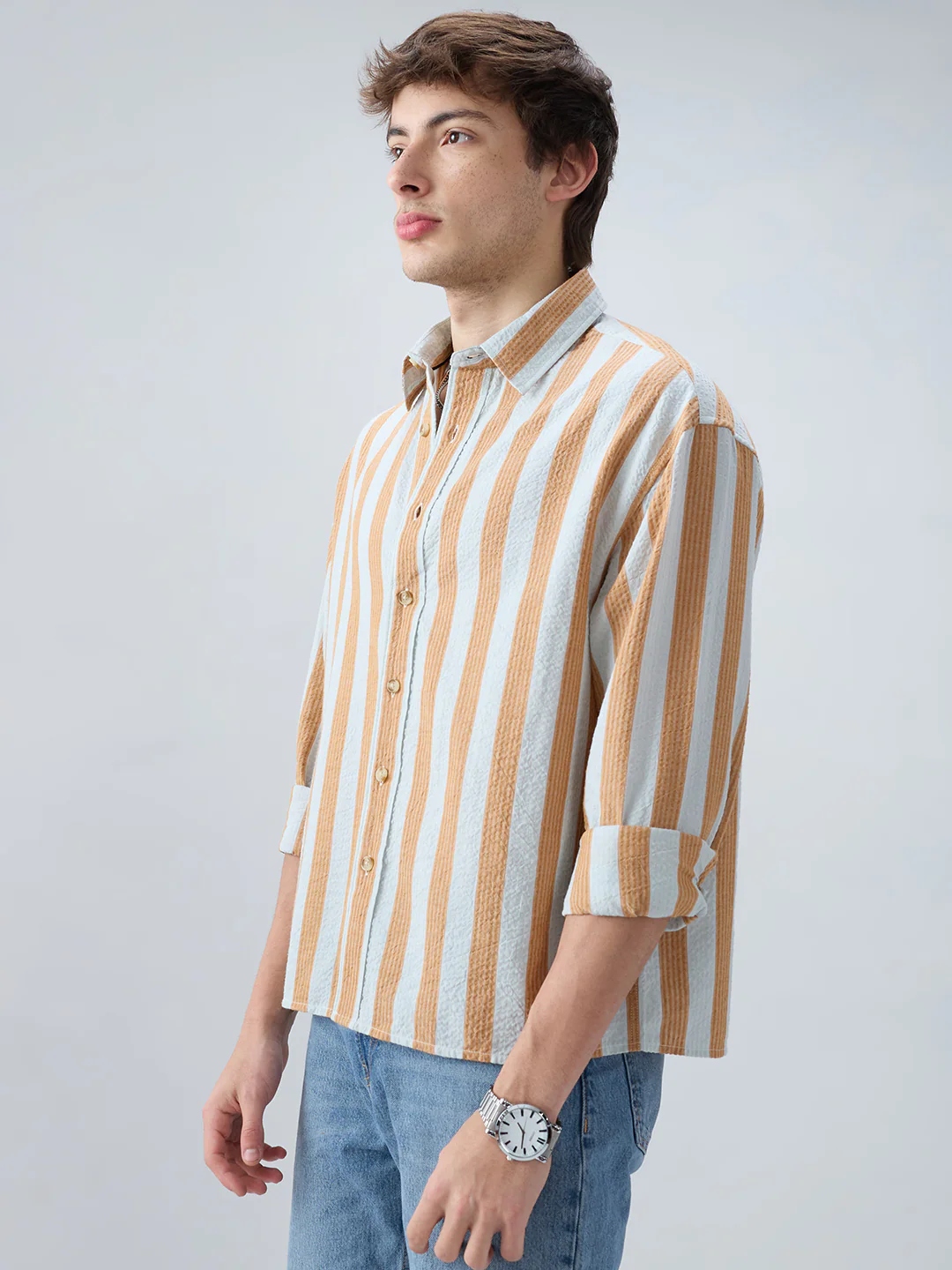 Orange & Blue Seersucker Awning Stripe Boxy Fit Crop Shirt - Image 6