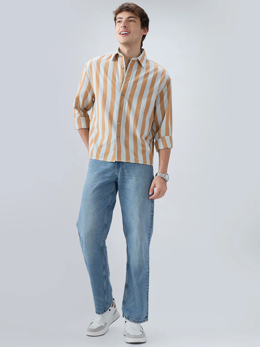 Orange & Blue Seersucker Awning Stripe Boxy Fit Crop Shirt - Image 8