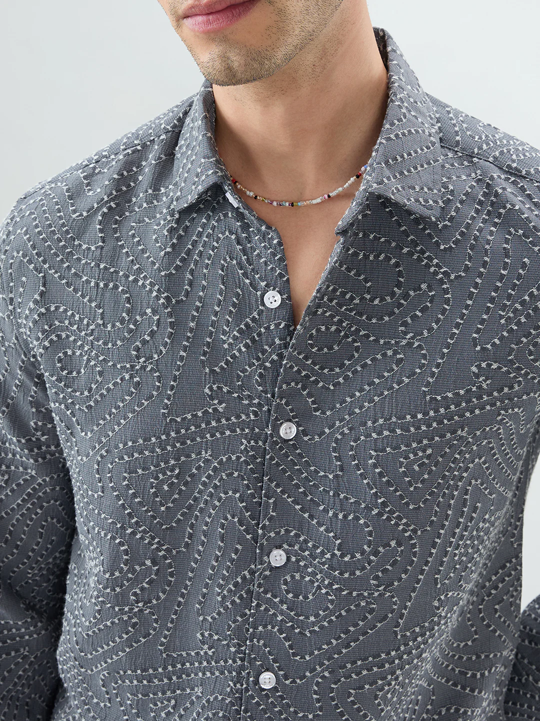 Ornate Charcoal Grey Ornamental Raised Stitch Shirt - Image 3