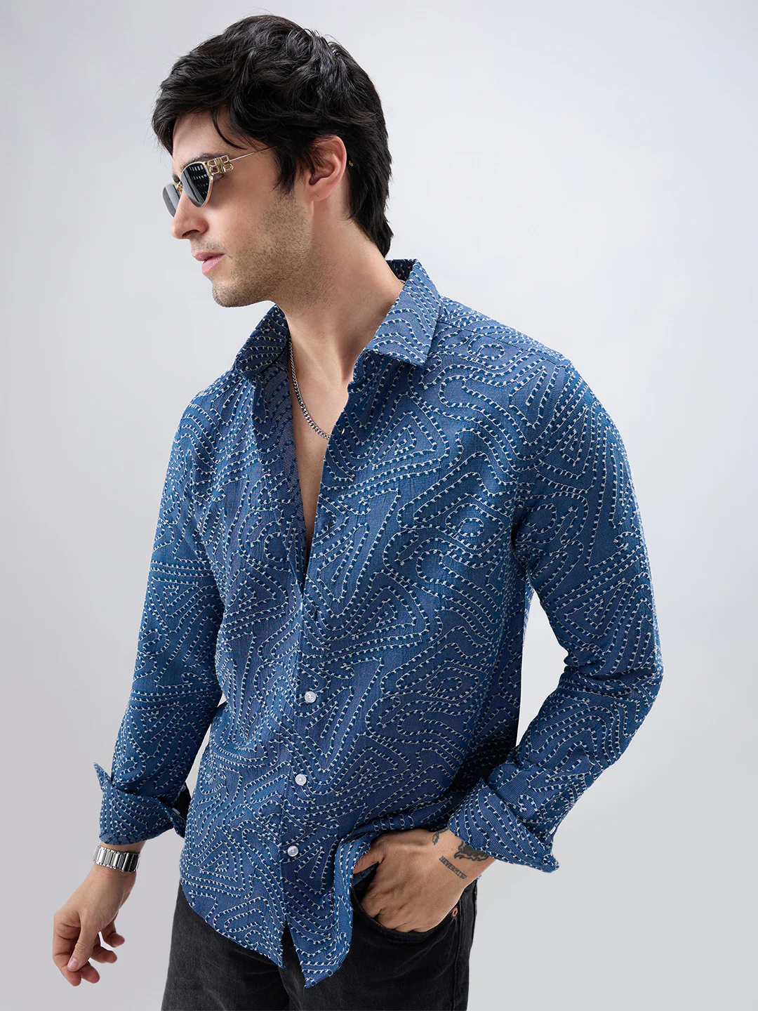 Ornate Navy Ornamental Raised Stitch Shirt - Image 2