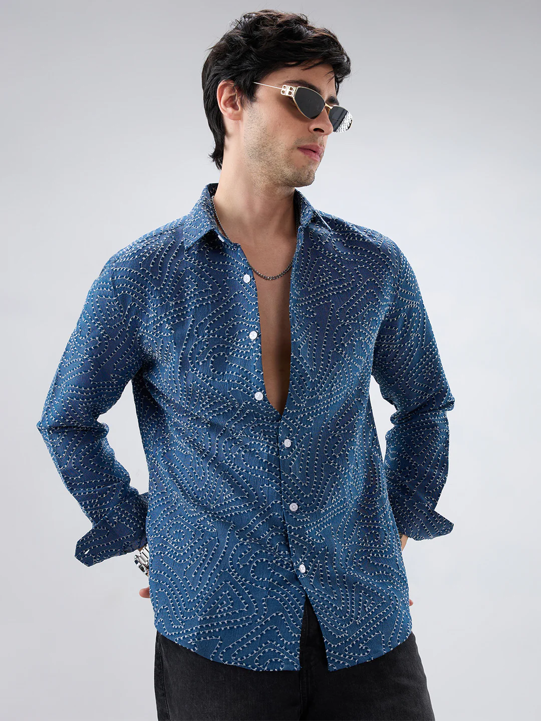 Ornate Navy Ornamental Raised Stitch Shirt - Image 4