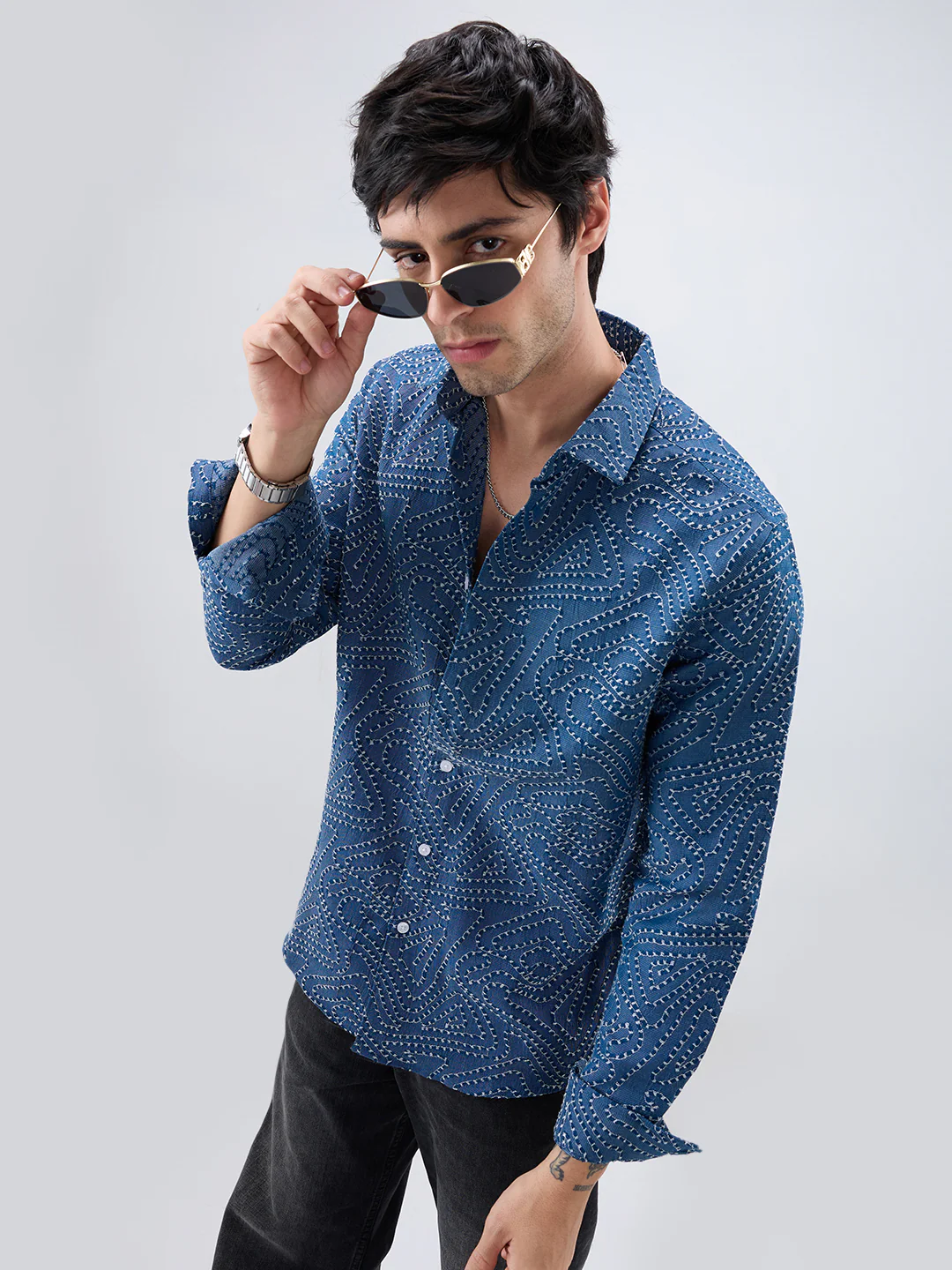 Ornate Navy Ornamental Raised Stitch Shirt - Image 5