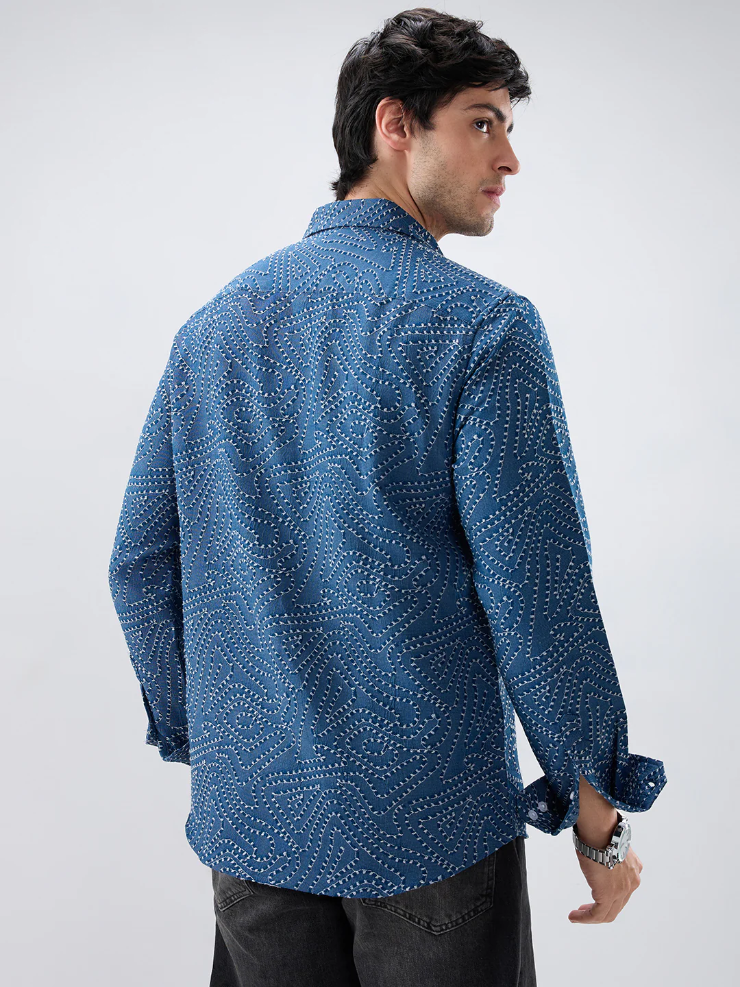 Ornate Navy Ornamental Raised Stitch Shirt - Image 7