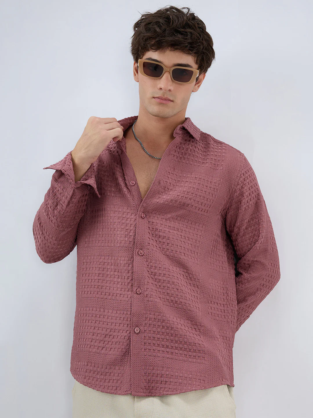 Ornate Turkish Rose Pink Raised Motif Textured Shirt - Image 4