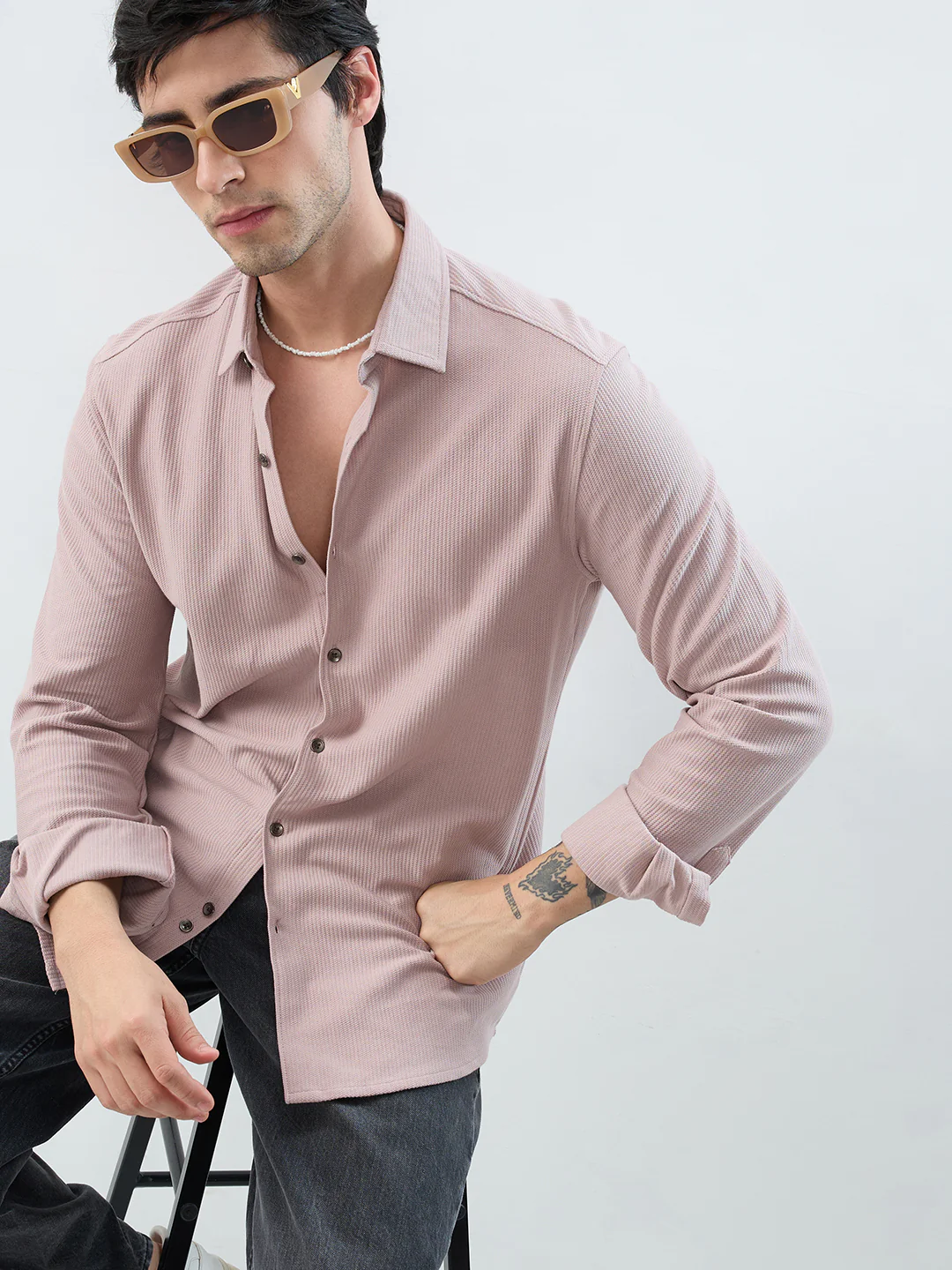 Oyster Pink Textured Knit Shirt