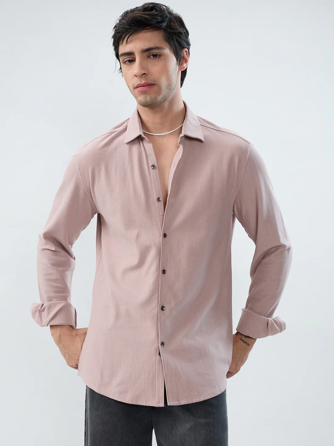 Oyster Pink Textured Knit Shirt - Image 4