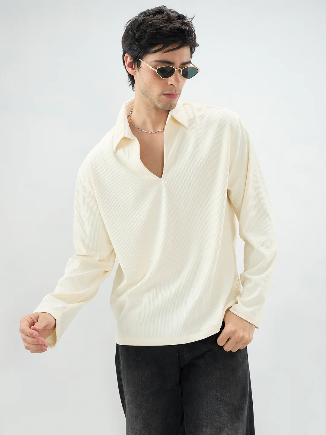 Pastel Cream Precision Rib Striped Oversized Polo Knitted Shirt - Image 2