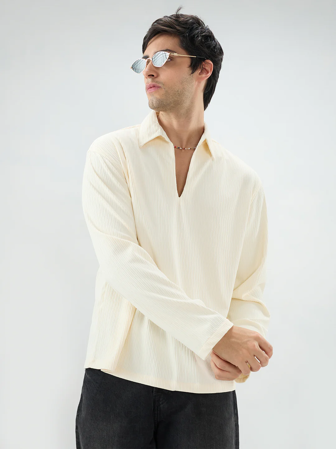Pastel Cream Precision Rib Striped Oversized Polo Knitted Shirt - Image 4