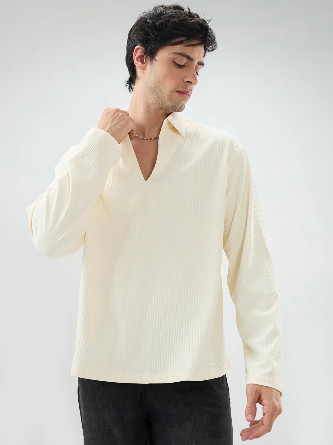 Pastel Cream Precision Rib Striped Oversized Polo Knitted Shirt - Image 5