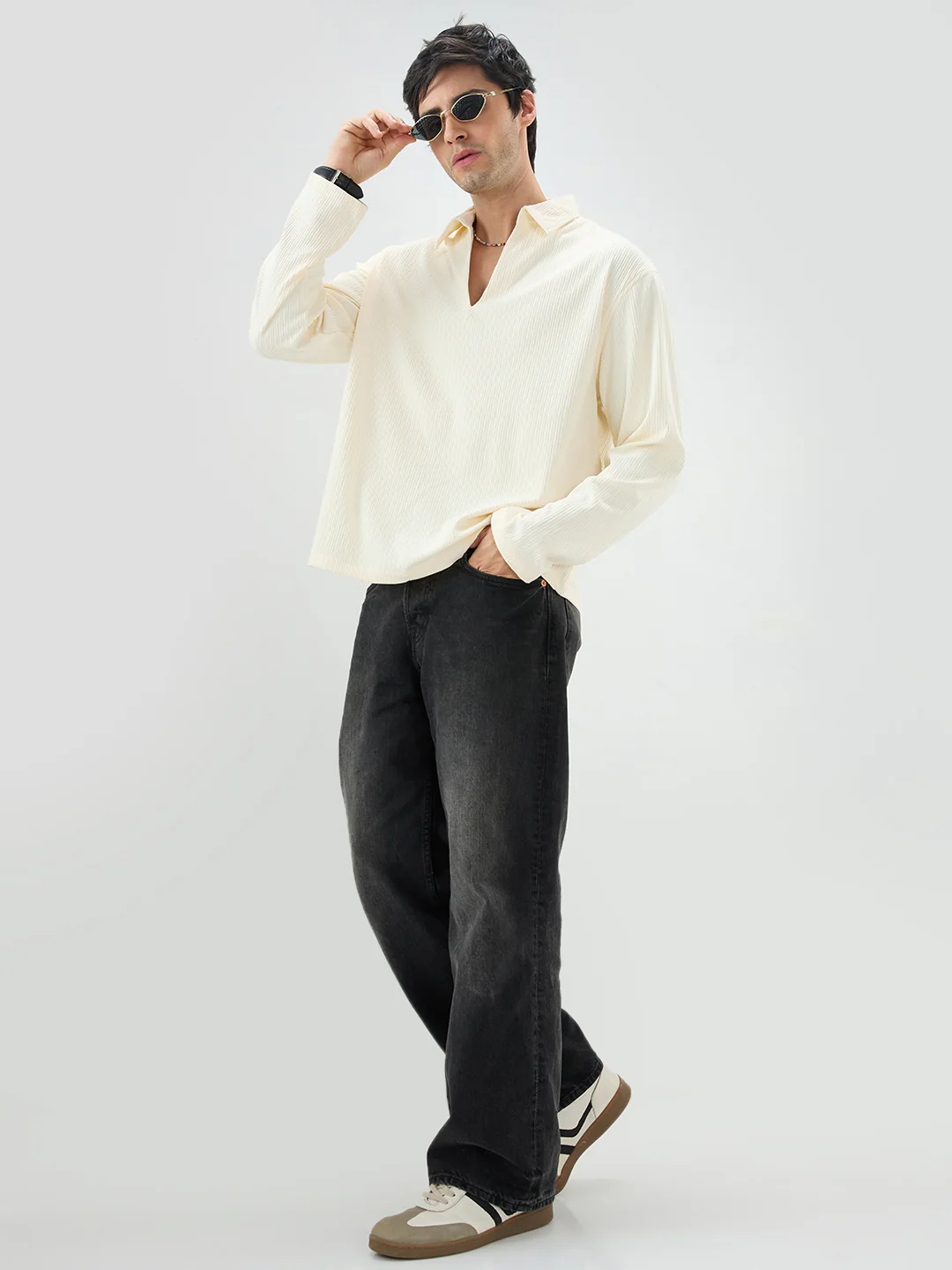 Pastel Cream Precision Rib Striped Oversized Polo Knitted Shirt - Image 8
