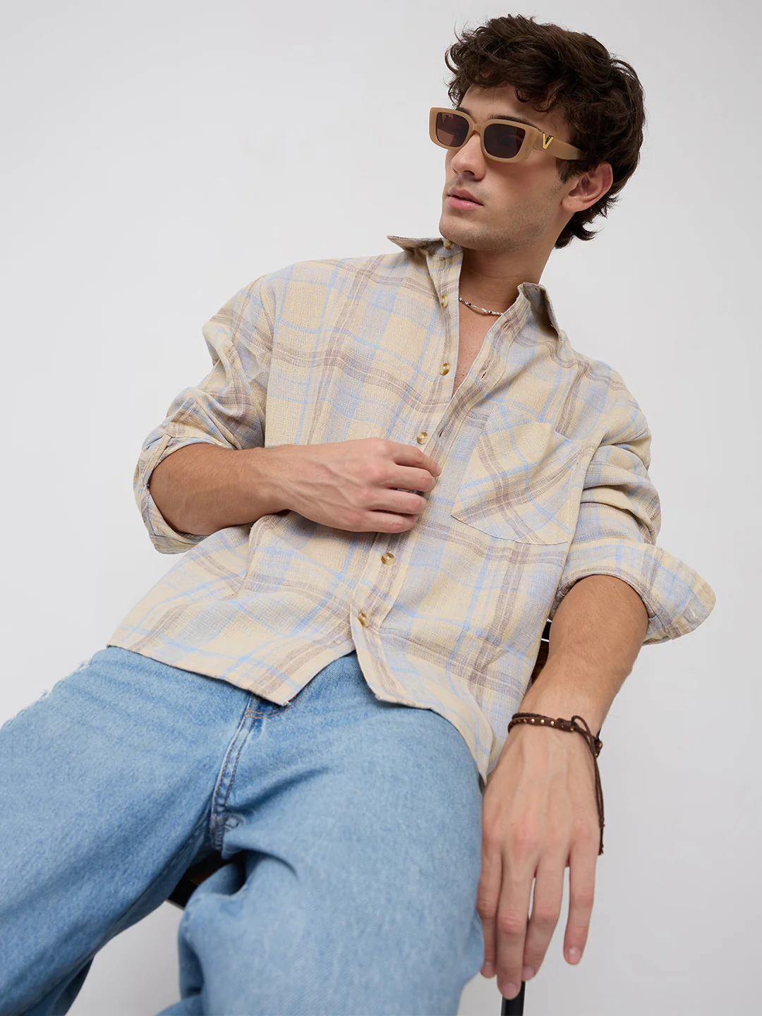 Pastel Dune Soft Plaid Checks Boxy Fit Crop Shirt